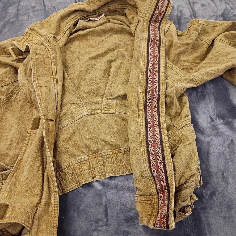 Free People Jayde‎ Safari Military Bomber Jacket Womens M Brown Embroidered Trim
